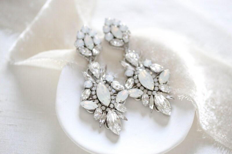 Vintage inspired crystal Bridal earrings with white opal and clear crystals, Special occasion earrings